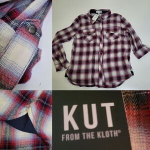NEW P L KUT FROM THE KLOTH plaid ROLL Tab long sleeve shirt petite large NWT
